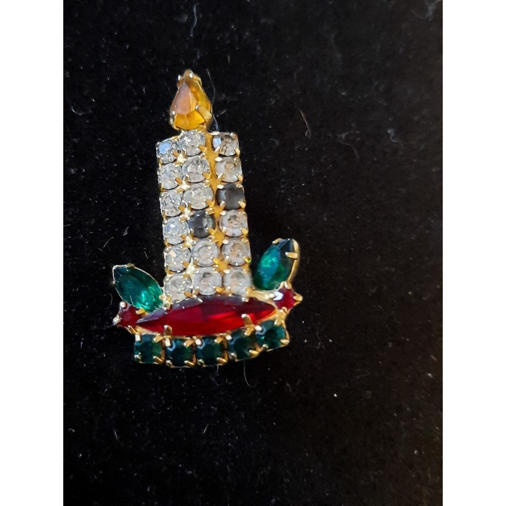 Christmas Candlestick Vintage Brooch Pin Rhinestones Red Green Clear Stones